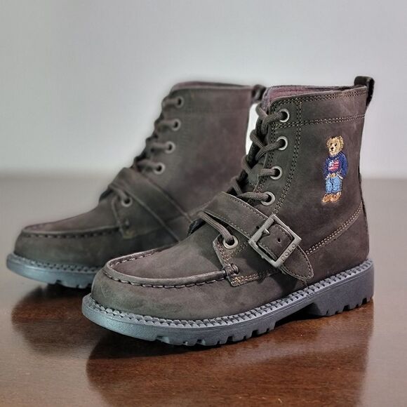 Polo Ralph Lauren Bear Leather Suede Brown Ranger Combat Boots Kids Sizes New - Picture 8 of 11